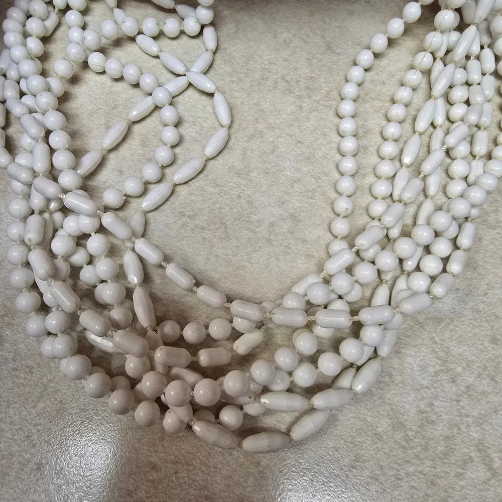 Vintage Milk Glass Multi Strand Necklace White Beaded 5 Row‎ Statement Gold Tone